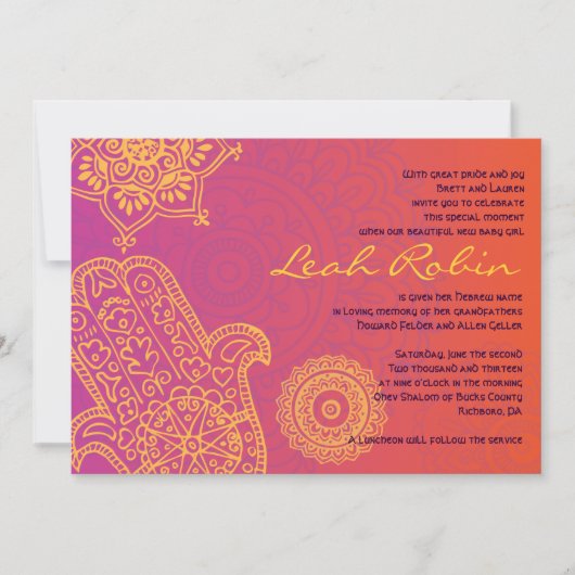 HAMSA HAND Red Oranje Baby Naming Invitation Kaart (Voorkant)