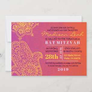 HAMSA HAND Red Sinaasappel Bat Mitzvah Uitnodiging