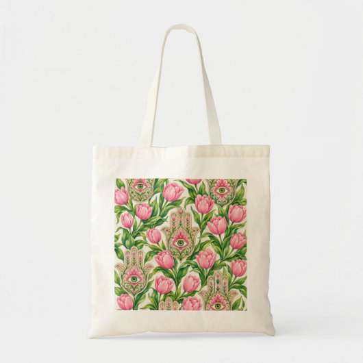 Hamsa Hand & Roze Tulpen Botanisch Evil Eye Tote Bag (Voorkant)