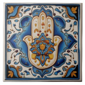 Hamsa Hand Symbool - Blauwe en Gouden Hand van Fat Tegeltje (Voorkant)