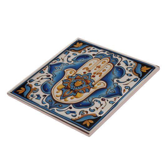 Hamsa Hand Symbool - Blauwe en Gouden Hand van Fat Tegeltje (Zijkant)