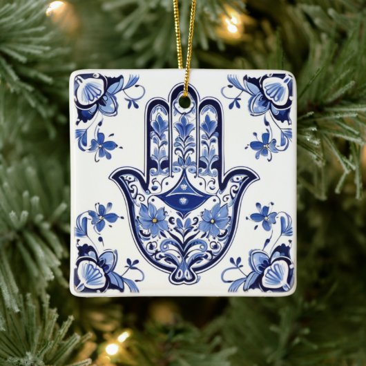 Hamsa Hand Symbool - Blauwe en Witte Hand van Fati Keramisch Ornament (Boom)