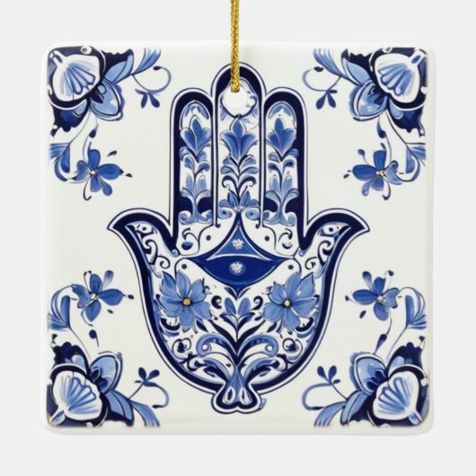 Hamsa Hand Symbool - Blauwe en Witte Hand van Fati Keramisch Ornament (Achterkant)