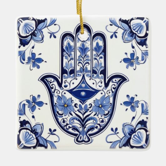 Hamsa Hand Symbool - Blauwe en Witte Hand van Fati Keramisch Ornament (Voorkant)