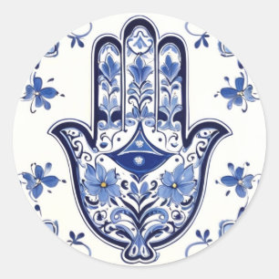 Hamsa Hand Symbool - Blauwe en Witte Hand van Fati Ronde Sticker