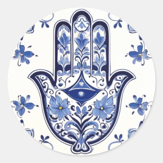 Hamsa Hand Symbool - Blauwe en Witte Hand van Fati Ronde Sticker (Voorkant)