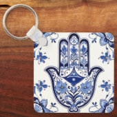 Hamsa Hand Symbool - Blauwe en Witte Hand van Fati Sleutelhanger (Voorkant)