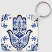 Hamsa Hand Symbool - Blauwe en Witte Hand van Fati Sleutelhanger (Achterkant)