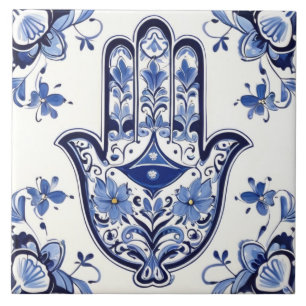 Hamsa Hand Symbool - Blauwe en Witte Hand van Fati Tegeltje
