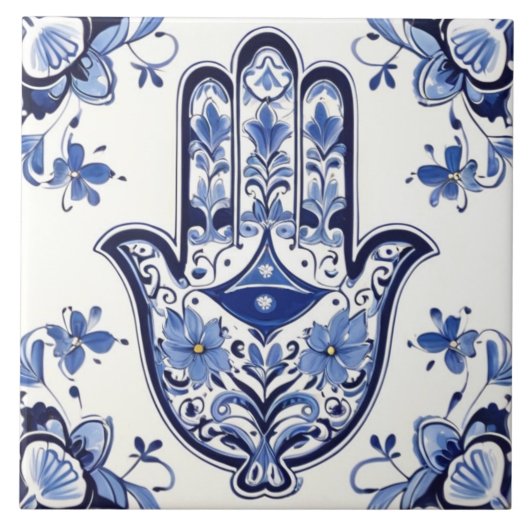 Hamsa Hand Symbool - Blauwe en Witte Hand van Fati Tegeltje (Voorkant)