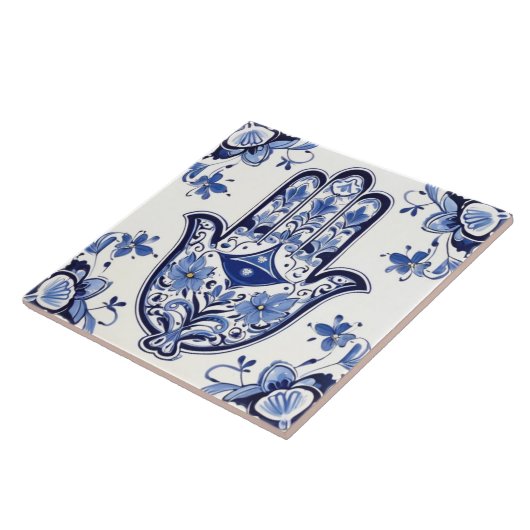 Hamsa Hand Symbool - Blauwe en Witte Hand van Fati Tegeltje (Zijkant)
