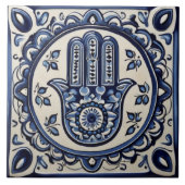 Hamsa Hand Symbool - Blauwe en Witte Hand van Fati Tegeltje (Voorkant)