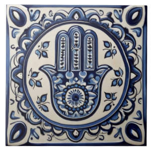 Hamsa Hand Symbool - Blauwe en Witte Hand van Fati Tegeltje
