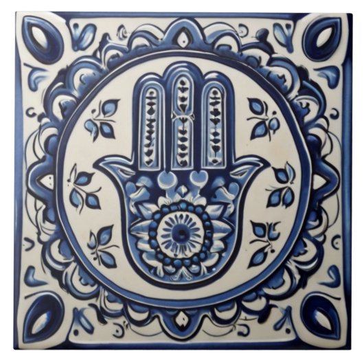 Hamsa Hand Symbool - Blauwe en Witte Hand van Fati Tegeltje (Voorkant)
