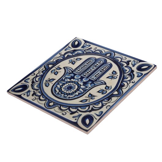 Hamsa Hand Symbool - Blauwe en Witte Hand van Fati Tegeltje (Zijkant)