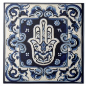 Hamsa Hand Symbool - Blauwe en Witte Hand van Fati Tegeltje (Voorkant)