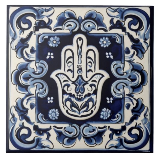 Hamsa Hand Symbool - Blauwe en Witte Hand van Fati Tegeltje (Voorkant)