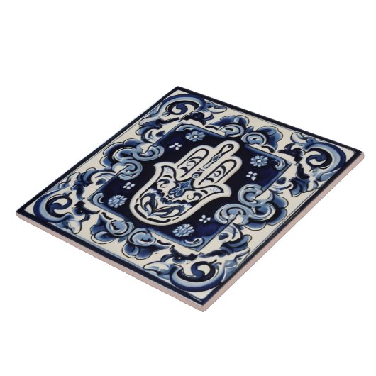 Hamsa Hand Symbool - Blauwe en Witte Hand van Fati Tegeltje (Zijkant)