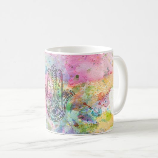 HAMSA Hand Symbool Kleurrijke Waterverf Koffiemok (Voorkant rechts)