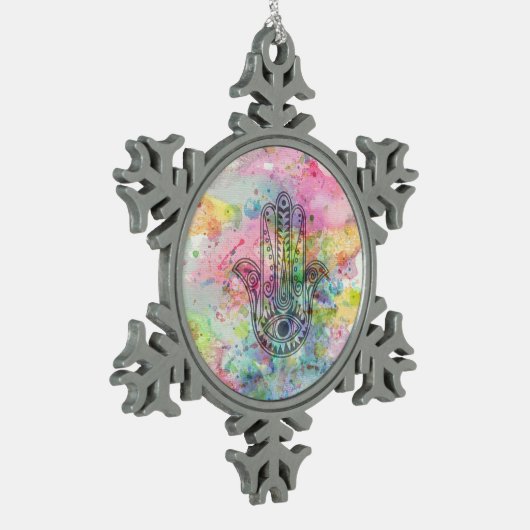 HAMSA Hand Symbool Kleurrijke Waterverf Tin Sneeuwvlok Ornament (Links)
