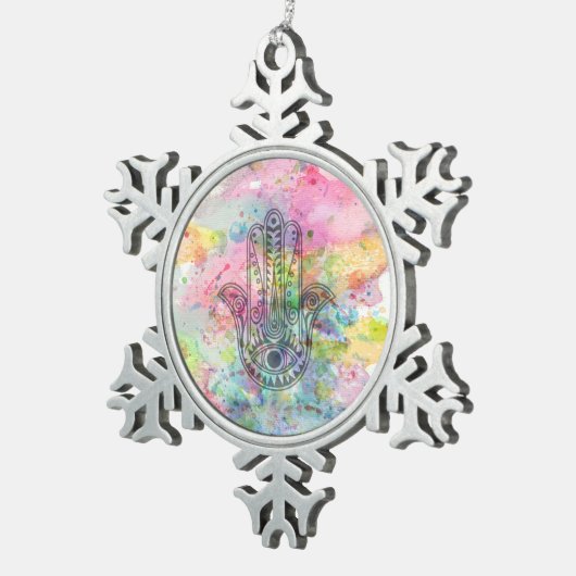HAMSA Hand Symbool Kleurrijke Waterverf Tin Sneeuwvlok Ornament (Rechts)
