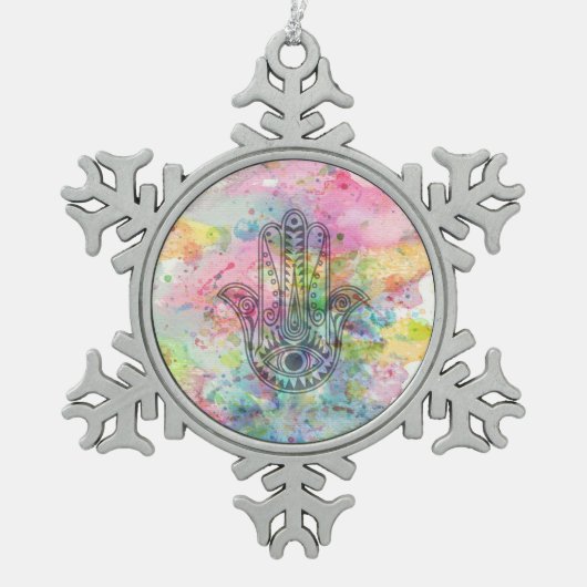 HAMSA Hand Symbool Kleurrijke Waterverf Tin Sneeuwvlok Ornament (Voorkant)