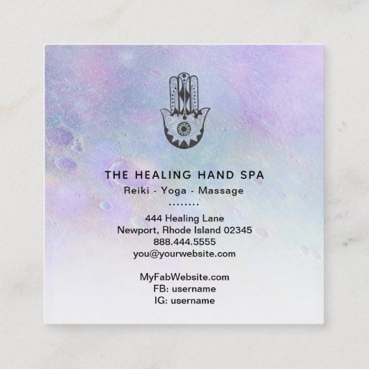 *~* Hamsa Hand van Fatima - Craters van Moon Yoga Vierkante Visitekaartje (Achterkant)