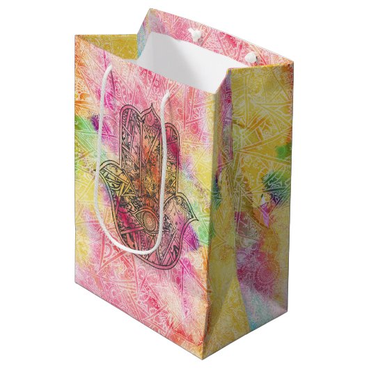 HAMSA Hand van het Fatimasymbool amulet Henna flor Medium Cadeauzakje (Voorkant Gekanteld)