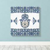 Hamsa Handhand - Handje Fatima blue wood Canvas Afdruk (Insitu (Houten vloer))