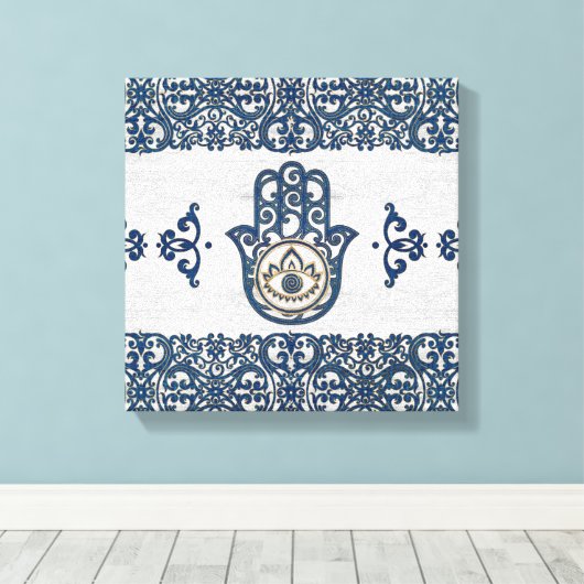Hamsa Handhand - Handje Fatima blue wood Canvas Afdruk (Insitu (Houten vloer))
