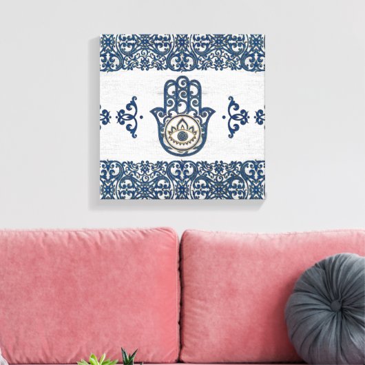 Hamsa Handhand - Handje Fatima blue wood Canvas Afdruk (Insitu (Woonkamer))
