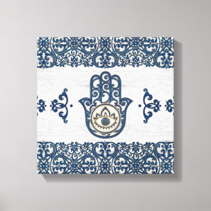 Hamsa Handhand - Handje Fatima blue wood Canvas Afdruk