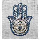 Hamsa Handhand - Handje Fatima blue wood Douchegordijn (Voorkant)
