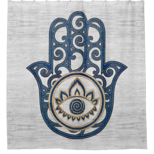 Hamsa Handhand - Handje Fatima blue wood Douchegordijn (Voorkant)