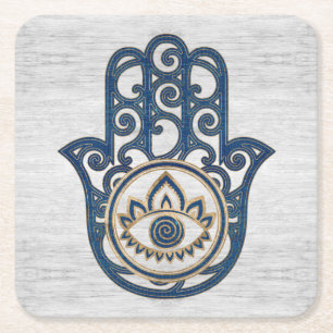 Hamsa Handhand - Handje Fatima blue wood Kartonnen Onderzetters