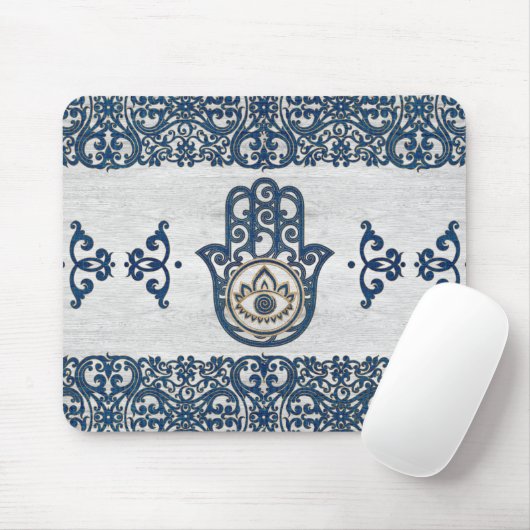 Hamsa Handhand - Handje Fatima blue wood Muismat (Met muis)