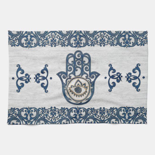 Hamsa Handhand - Handje Fatima blue wood Theedoek (Horizontaal)