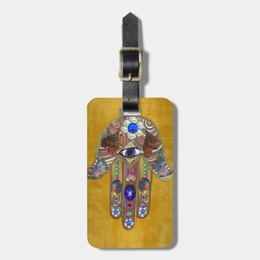 Hamsa harten bloemen Opal Art over goud Bagagelabel (Voorkant verticaal)