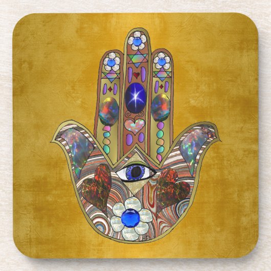 Hamsa harten bloemen Opal Art over goud Bier Onderzetter (Voorkant)