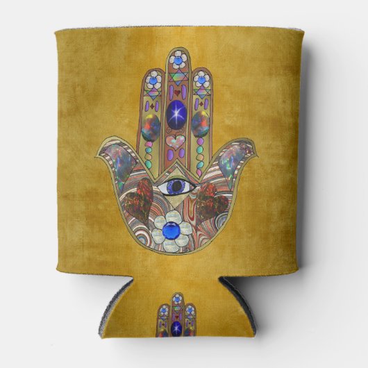 Hamsa harten bloemen Opal Art over goud Blikjeskoeler (Voorkant)