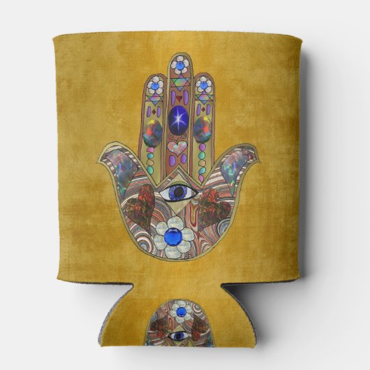 Hamsa harten bloemen Opal Art over goud Blikjeskoeler (Achterkant)