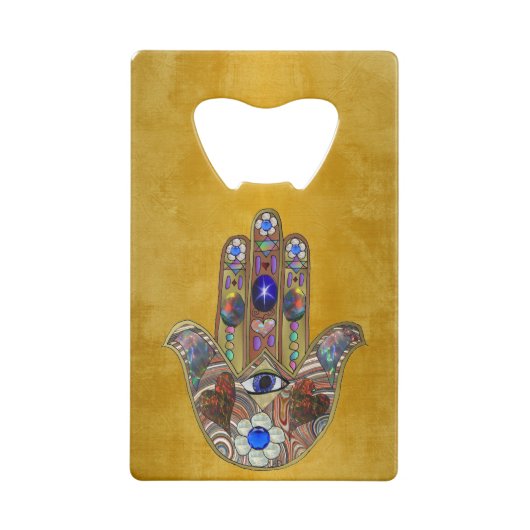 Hamsa harten bloemen Opal Art over goud Creditkaart Flessenopener (Achterkant)