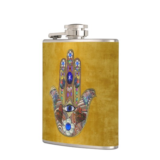 Hamsa harten bloemen Opal Art over goud Heupfles (Links)