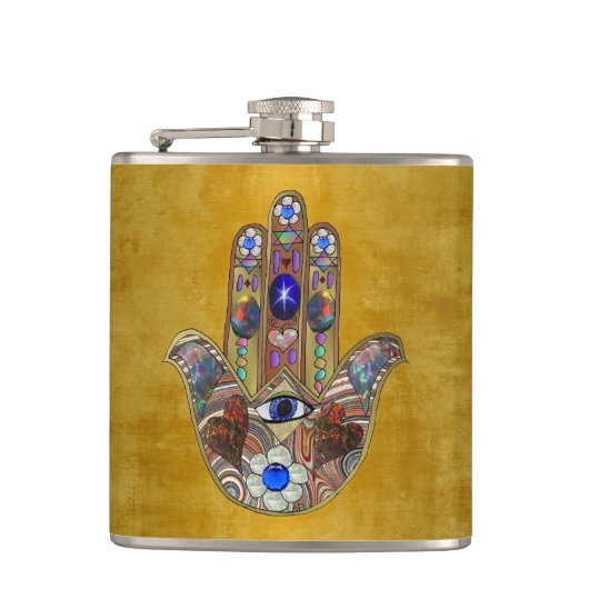 Hamsa harten bloemen Opal Art over goud Heupfles (Voorkant)