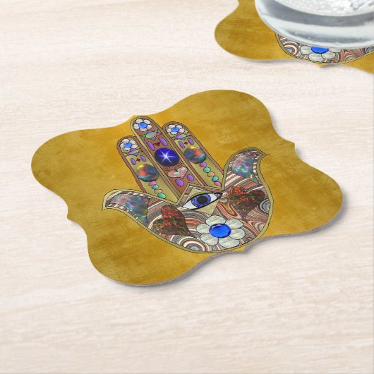 Hamsa harten bloemen Opal Art over goud Kartonnen Onderzetters (Gekanteld)