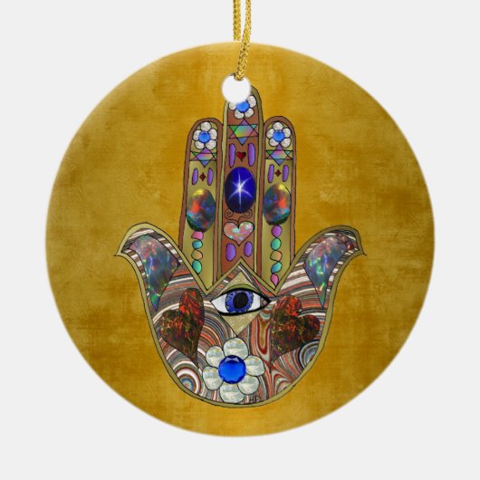 Hamsa harten bloemen Opal Art over goud Keramisch Ornament (Voorkant)