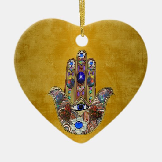 Hamsa harten bloemen Opal Art over goud Keramisch Ornament (Voorkant)