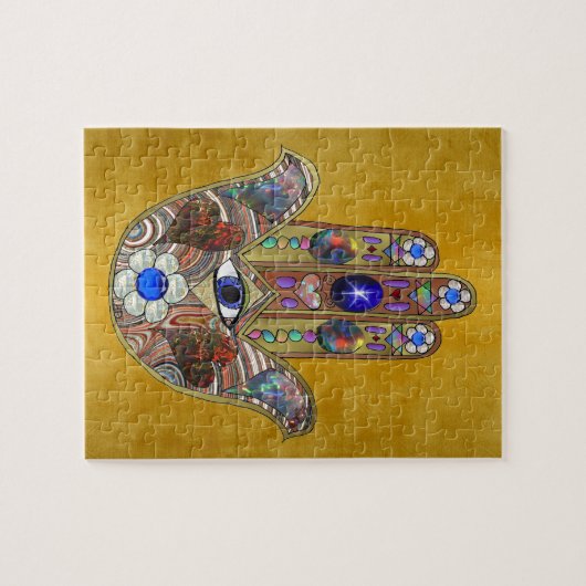 Hamsa harten bloemen Opal Art over goud Legpuzzel (Horizontaal)