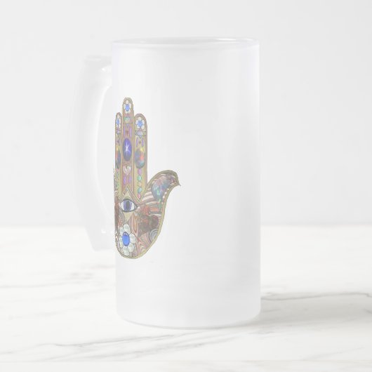 Hamsa harten bloemen Opal Art over goud Matglas Bierpul (Voorkant links)