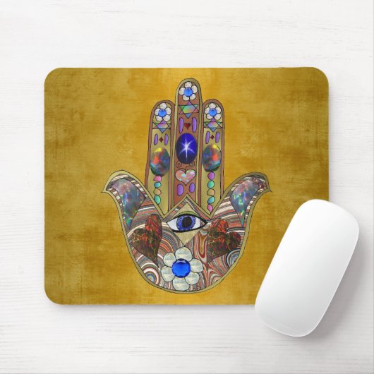 Hamsa harten bloemen Opal Art over goud Muismat (Met muis)